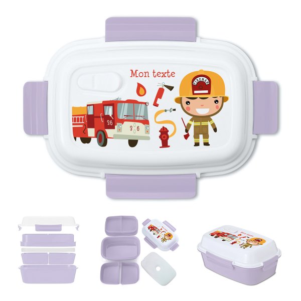 Lunch box - bento - boite à repas personnalisable pour enfants motif pompiers couleur parme