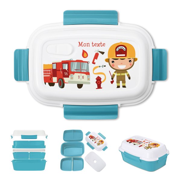 Lunch box - bento - boite à repas personnalisable pour enfants motif pompiers couleur bleu