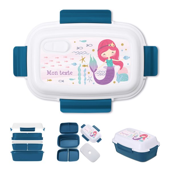 Lunch box - bento - boite à repas personnalisable pour enfants motif sirène couleur bleu pétrole