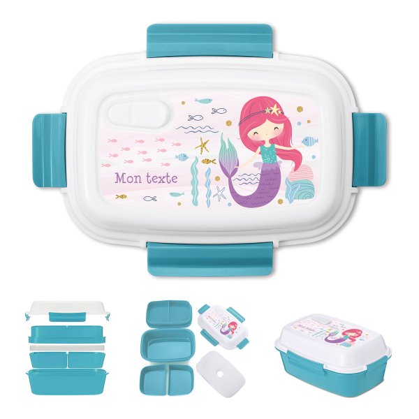 Lunch box - bento - boite à repas personnalisable pour enfants motif sirène couleur bleu