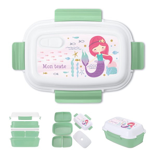 Lunch box - bento - boite à repas personnalisable pour enfants motif sirène couleur vert