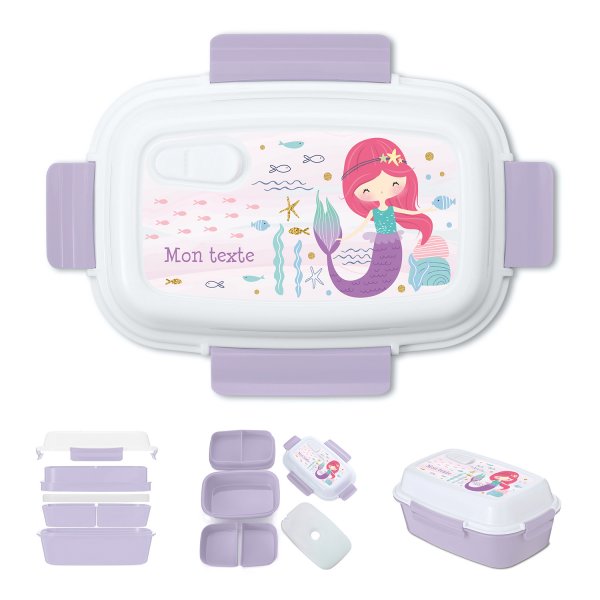 Lunch box - bento - boite à repas personnalisable pour enfants motif sirène couleur parme