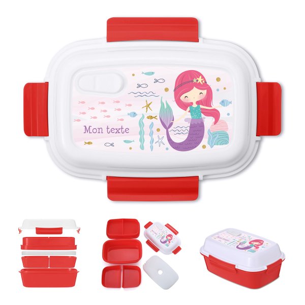 Lunch box - bento - boite à repas personnalisable pour enfants motif sirène couleur rouge