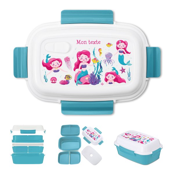 Lunch box - bento - boite à repas personnalisable pour enfants motif sirène couleur bleu