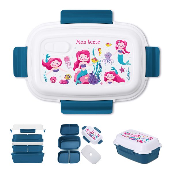 Lunch box - bento - boite à repas personnalisable pour enfants motif sirène couleur bleu pétrole