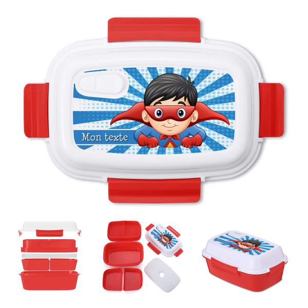 Lunch box - bento - boite à repas personnalisable pour enfants motif super-héros couleur rouge