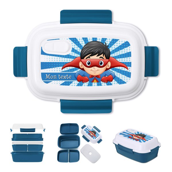 Lunch box - bento - boite à repas personnalisable pour enfants motif super-héros couleur bleu pétrole