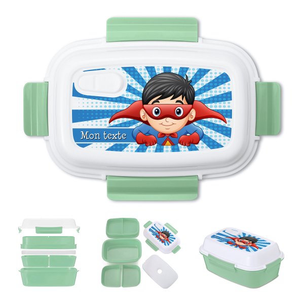 Lunch box - bento - boite à repas personnalisable pour enfants motif super-héros couleur vert
