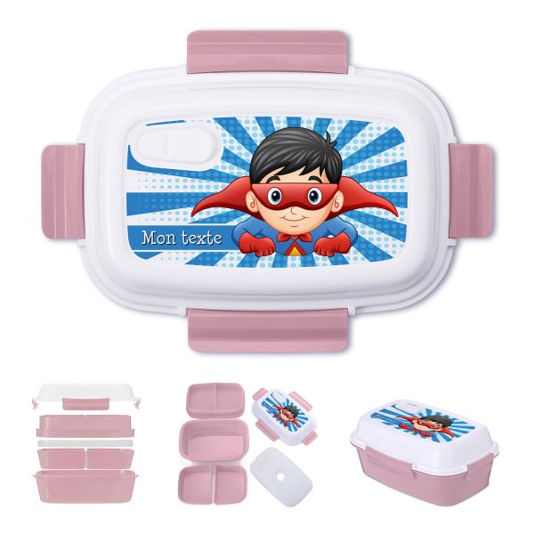 Lunch box - bento - boite à repas personnalisable pour enfants motif super-héros couleur vieux rose