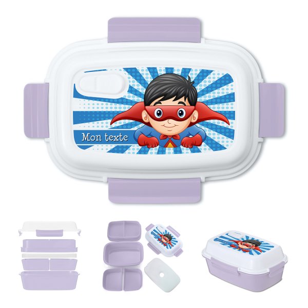 Lunch box - bento - boite à repas personnalisable pour enfants motif super-héros couleur parme