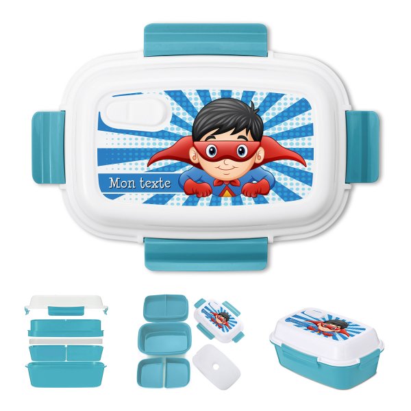Lunch box - bento - boite à repas personnalisable pour enfants motif super-héros couleur bleu