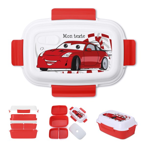 Lunch box - bento - boite à repas personnalisable pour enfants motif voiture de course couleur rouge