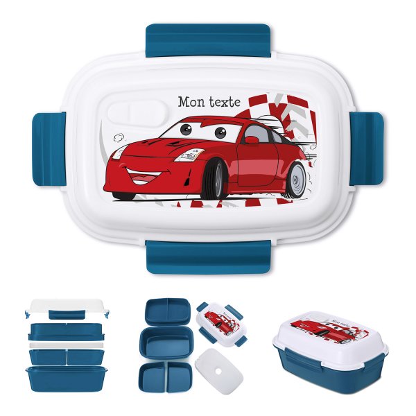 Lunch box - bento - boite à repas personnalisable pour enfants motif voiture de course couleur bleu pétrole