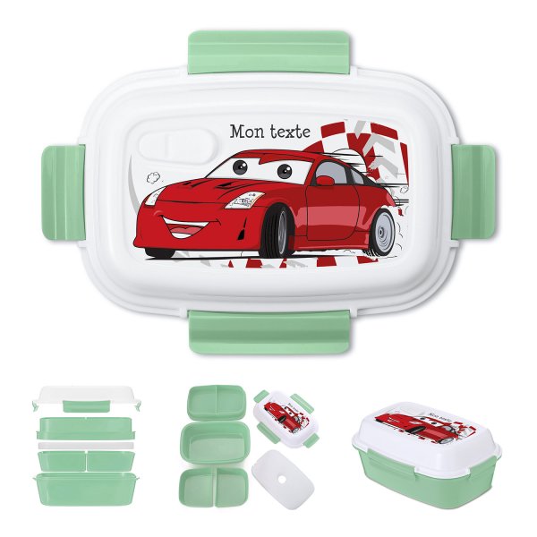 Lunch box - bento - boite à repas personnalisable pour enfants motif voiture de course couleur vert