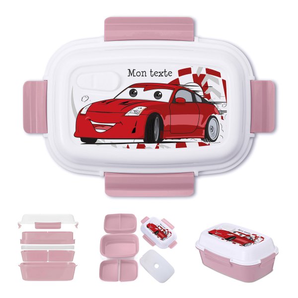 Lunch box - bento - boite à repas personnalisable pour enfants motif voiture de course couleur vieux rose