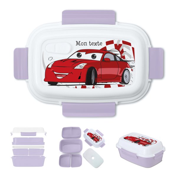 Lunch box - bento - boite à repas personnalisable pour enfants motif voiture de course couleur parme