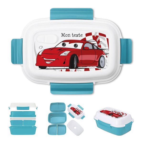 Lunch box - bento - boite à repas personnalisable pour enfants motif voiture de course couleur bleu