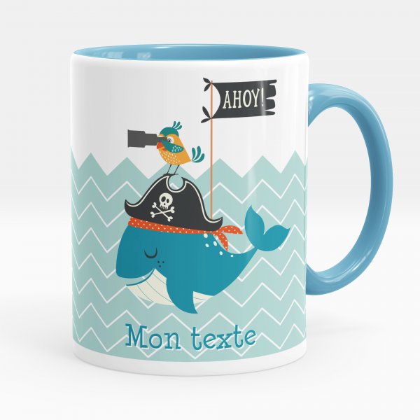 Mug personnalisable pour enfant avec motif baleine pirate de couleur bleu