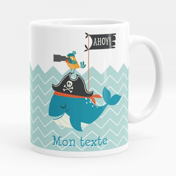 Mug personnalisable pour enfant avec motif baleine pirate de couleur blanc
