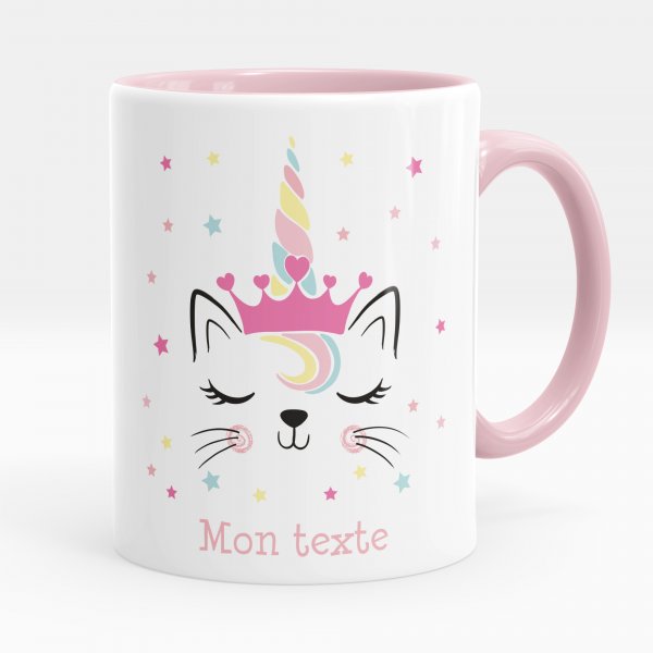 Mug personnalisable pour enfant avec motif chat licorne de couleur rose