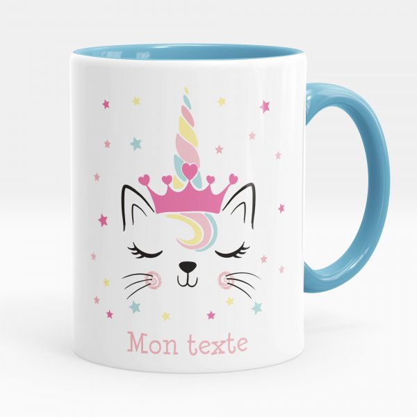 Mug personnalisable pour enfant avec motif chat licorne de couleur bleu