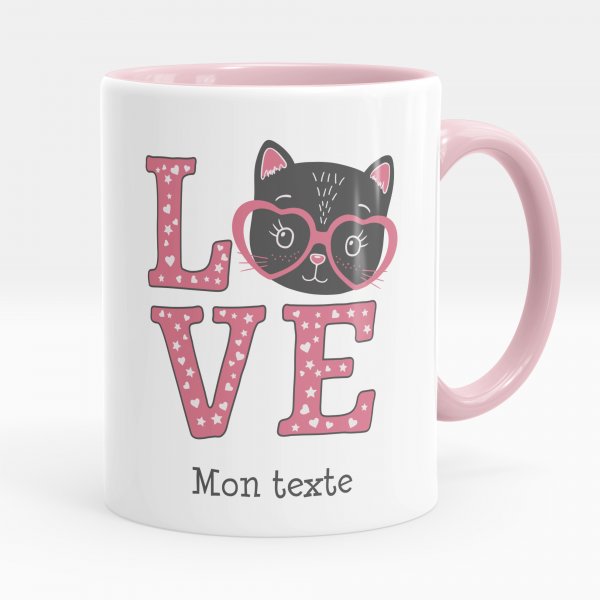 Mug personnalisable pour enfant avec motif chat love de couleur rose