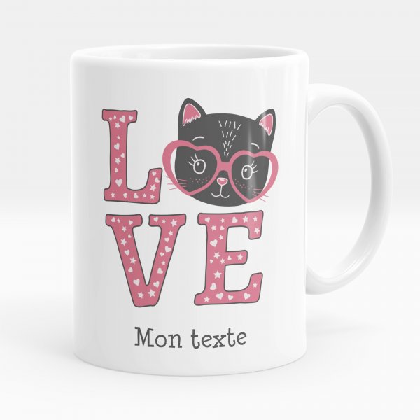 Mug personnalisable pour enfant avec motif chat love de couleur blanc
