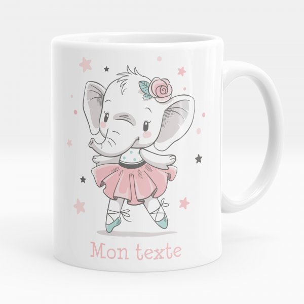 Mug personnalisable pour enfant avec motif danseuse éléphante de couleur blanc
