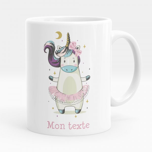 Mug personnalisable pour enfant avec motif danseuse licorne de couleur blanc