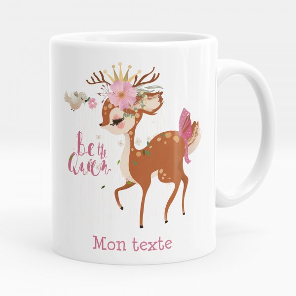 Mug personnalisable pour enfant avec motif faon be the queen de couleur blanc