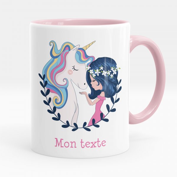 Mug personnalisable pour enfant avec motif fille et licorne de couleur rose