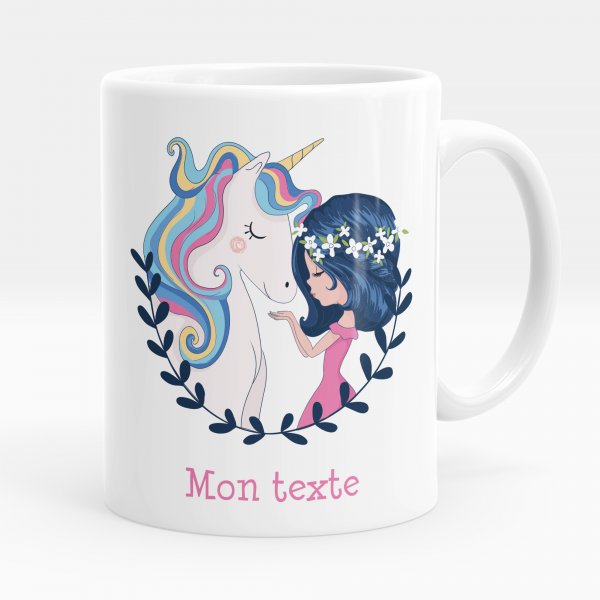 Mug personnalisable pour enfant avec motif fille et licorne de couleur blanc