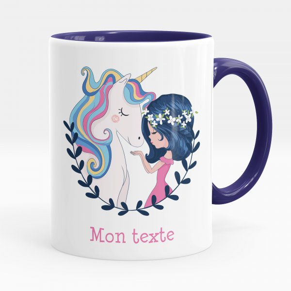 Mug personnalisable pour enfant avec motif fille et licorne de couleur bleu foncé