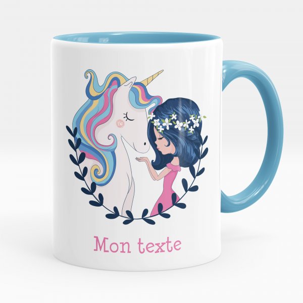 Mug personnalisable pour enfant avec motif fille et licorne de couleur bleu