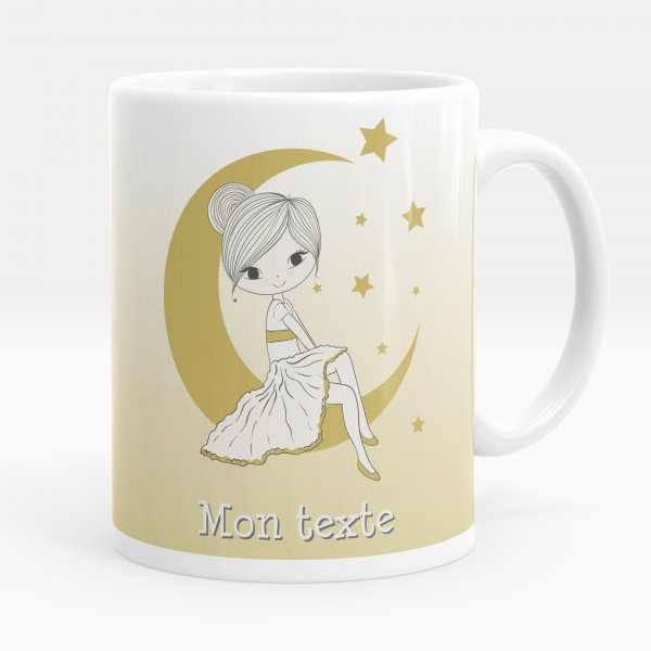 Mug personnalisable pour enfant avec motif fille sur la lune de couleur blanc