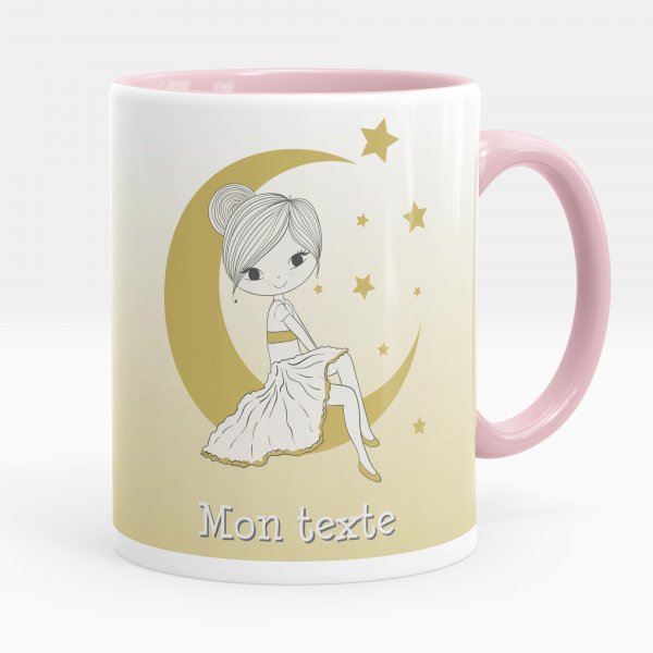 Mug personnalisable pour enfant avec motif fille sur la lune de couleur rose