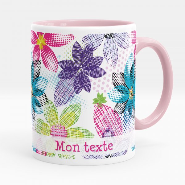 Mug personnalisable pour enfant avec motif fleurs multicolores de couleur rose