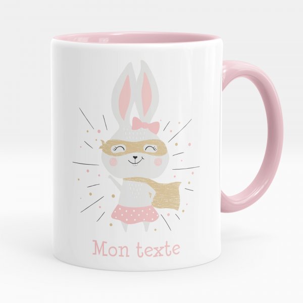 Mug personnalisable pour enfant avec motif lapine super-héros de couleur rose