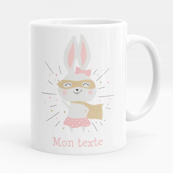 Mug personnalisable pour enfant avec motif lapine super-héros de couleur blanc