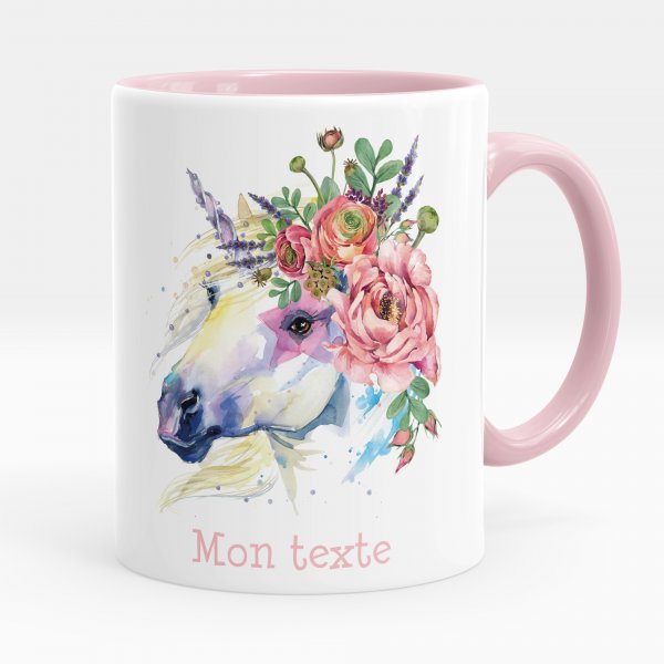 Mug personnalisable pour enfant avec motif licorne et fleurs de couleur rose