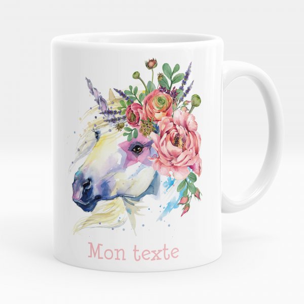 Mug personnalisable pour enfant avec motif licorne et fleurs de couleur blanc