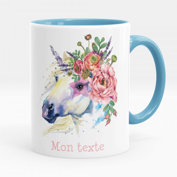 Mug personnalisable pour enfant avec motif licorne et fleurs de couleur bleu