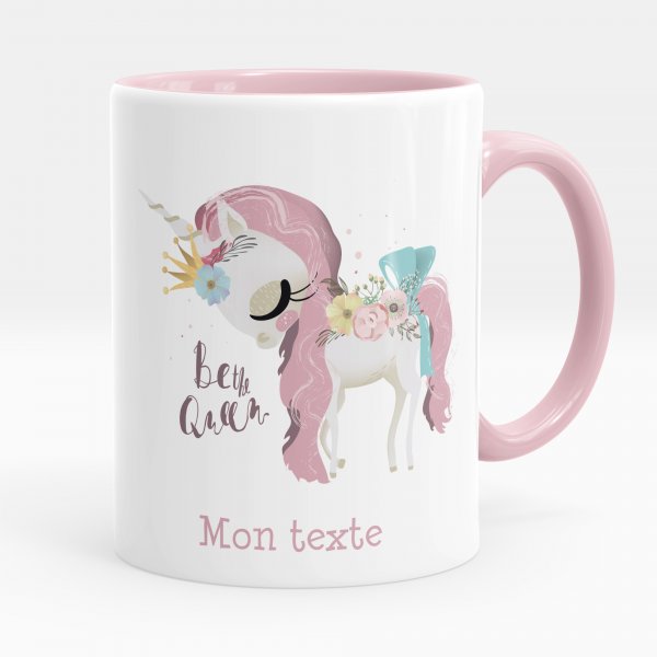 Mug personnalisable pour enfant avec motif licorne be the queen de couleur rose