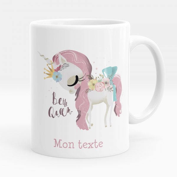 Mug personnalisable pour enfant avec motif licorne be the queen de couleur blanc