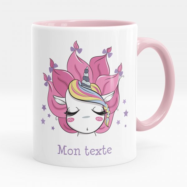 Mug personnalisable pour enfant avec motif licorne et étoiles de couleur rose