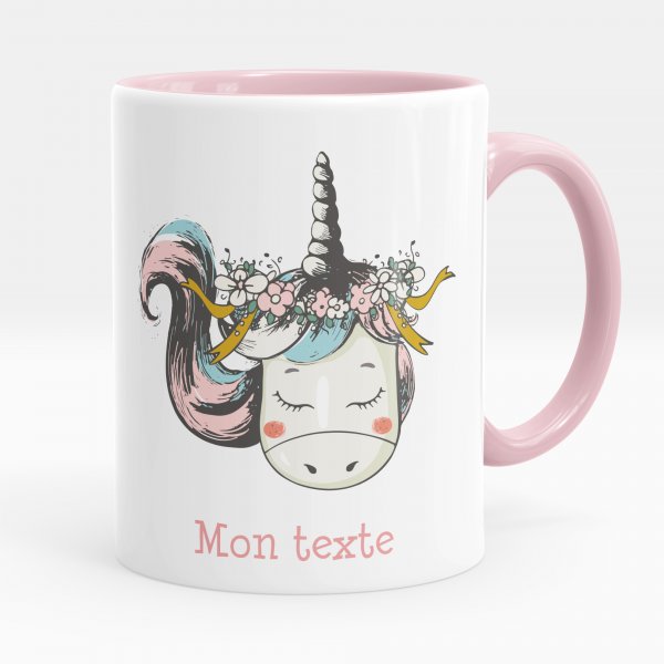 Mug personnalisable pour enfant avec motif licorne de couleur rose