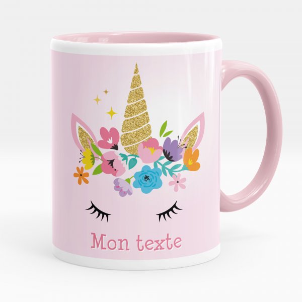 Mug personnalisable pour enfant avec motif licorne de couleur rose