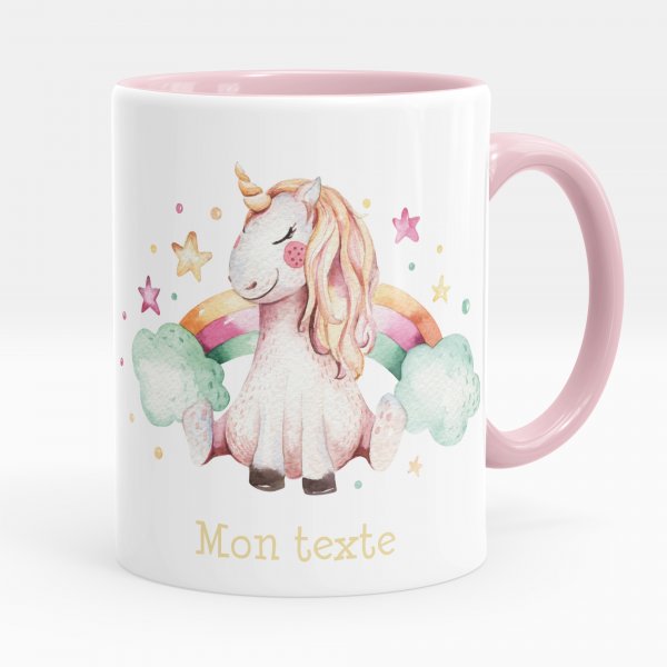 Mug personnalisable pour enfant avec motif licorne nuages et arc-en-ciel de couleur rose