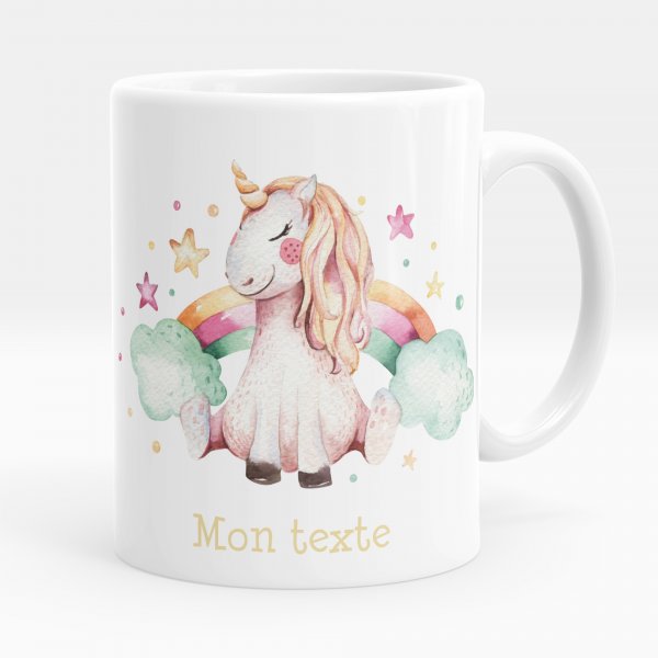 Mug personnalisable pour enfant avec motif licorne nuages et arc-en-ciel de couleur blanc