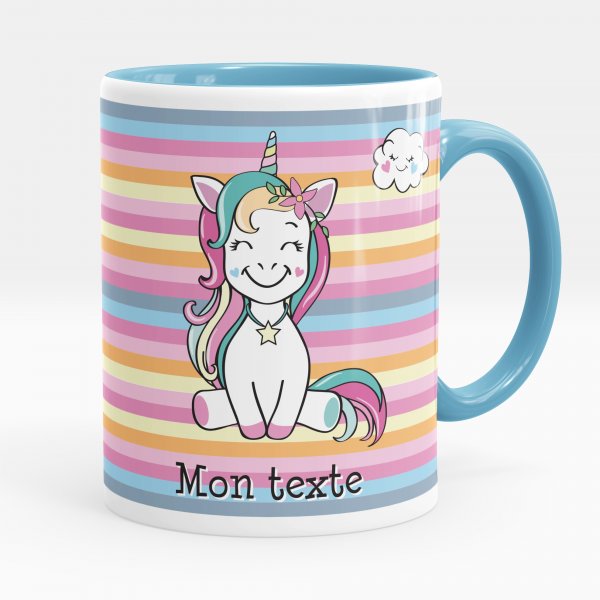 Mug personnalisable pour enfant avec motif licorne de couleur bleu